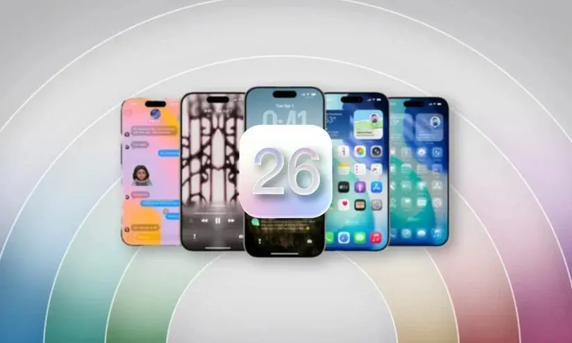 Imagem que destaca vários modelos de iPhones e um calendário digital com o número 26, simbolizando inovação tecnológica e comunicação móvel.