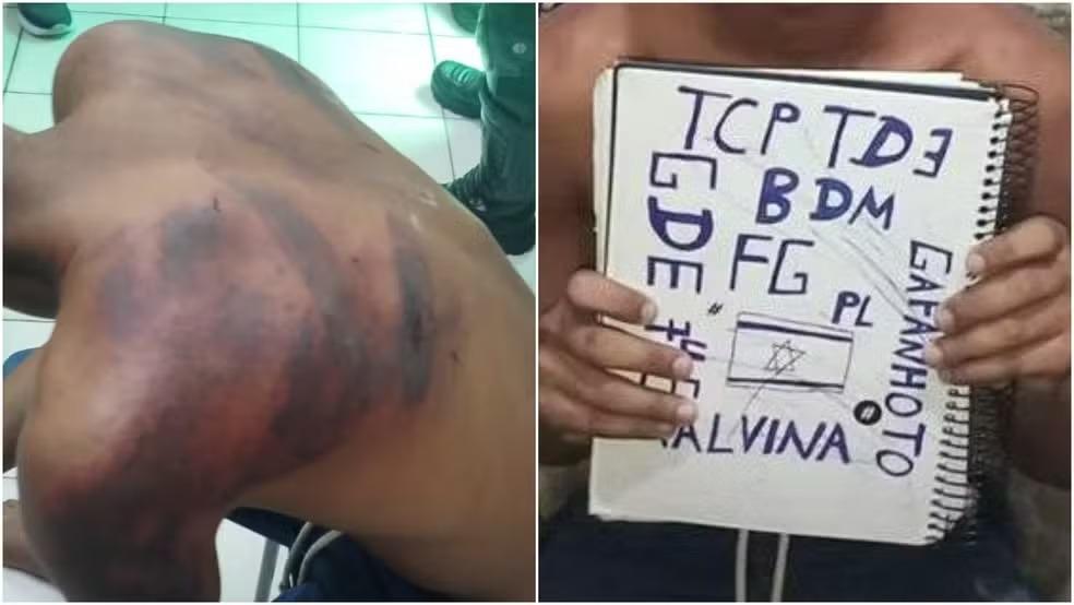 Costas de jovem que passou por tortura por membros de facção após ser sequestrado em Fortaleza; na outra imagem são siglas e símbolos desenhados no caderno escolar