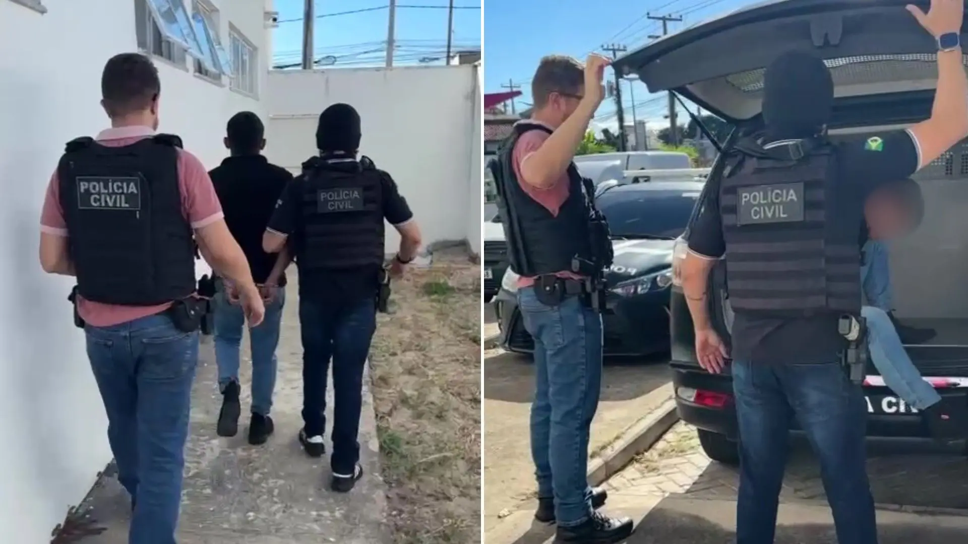 Polícia Civil realizando operação de investigação com agentes em ação, caminhando e conversando ao ar livre, na cidade.