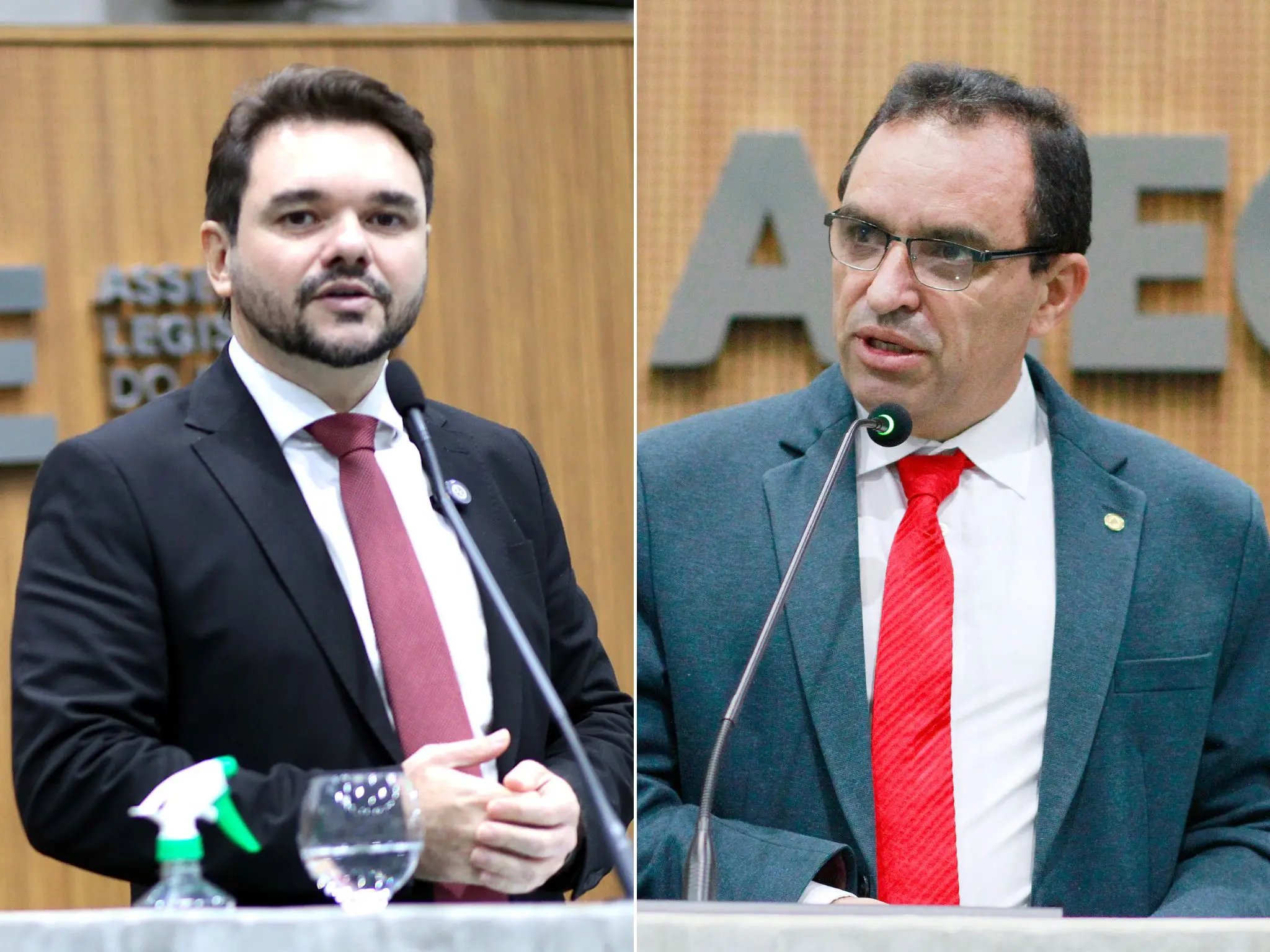 Montagem de duas fotos que mostram os deputados Alysson Aguiar e Pedro Lobo durante discurso na tribuna da Alece