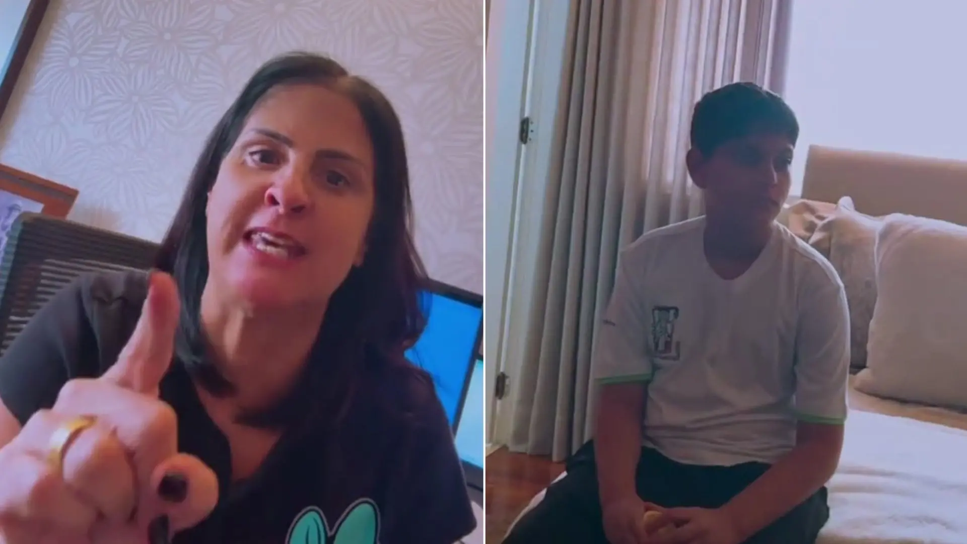 Imagem dividida com uma mulher em pé de expressão séria e um menino sentado em um quarto com cortinas brancas ao fundo.