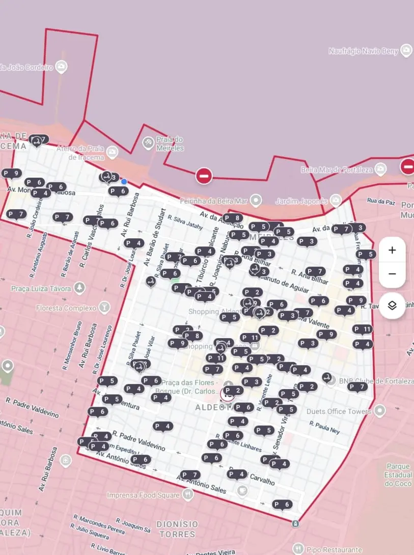 Imagem mostra mapa com localização de cada estação de patinete elétrico em Fortaleza, nos bairros próximos à orla da cidade