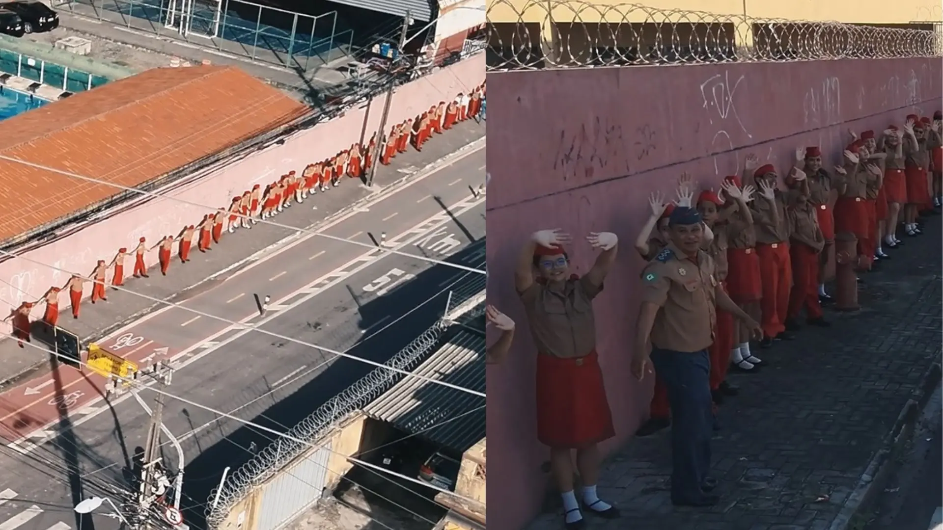 Imagem mostra alunos do Colégio dos Bombeiros enfileirados em volta do prédio