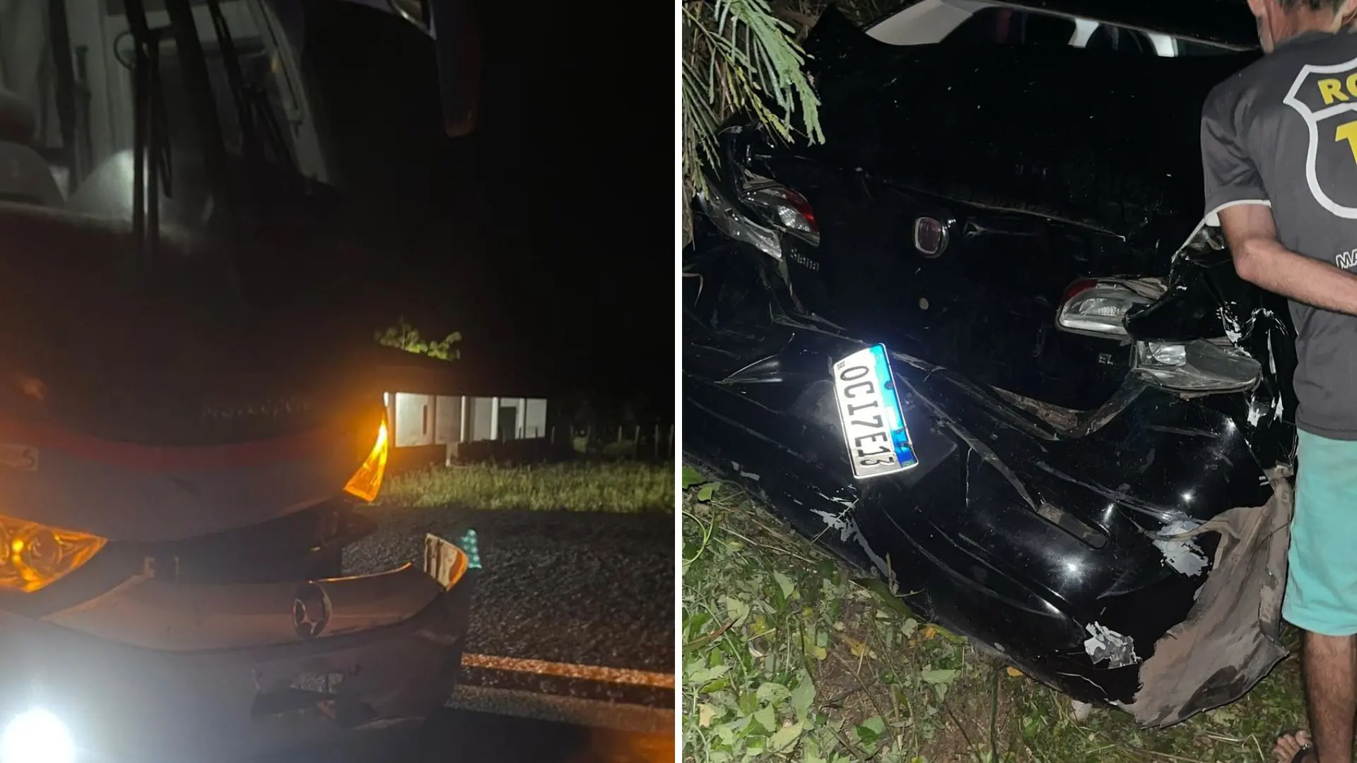A imagem é uma montagem de duas fotos, sendo uma das de um ônibus da empresa Guanabara, e outra sendo de um carro preto. Ambos os veículos se envolveram em um acidente que resultou em uma pessoa ferida em Irauçuba, no interior do Ceará.