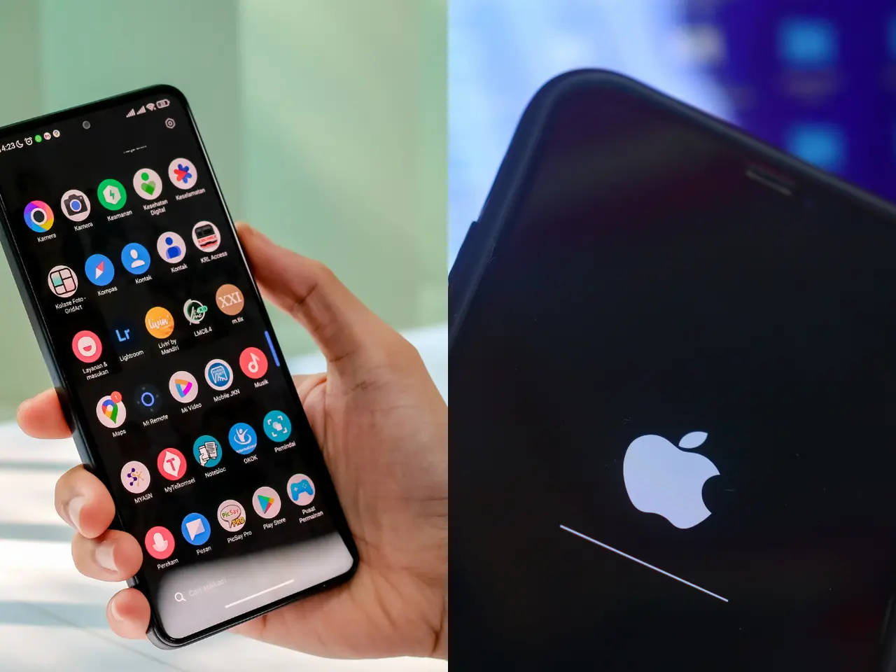 Montagem de fotos de um celular Android e de um iPhone