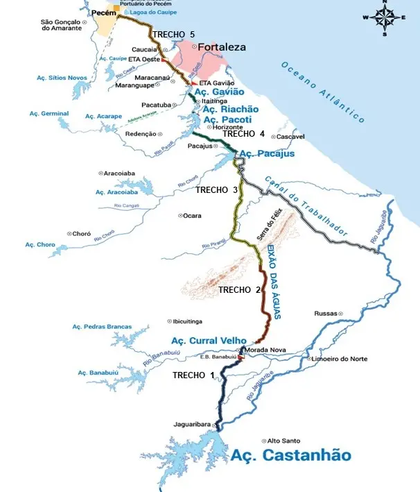 Mapa do Eixão das Águas do Ceará saindo do Castanhão até a Região de Fortaleza