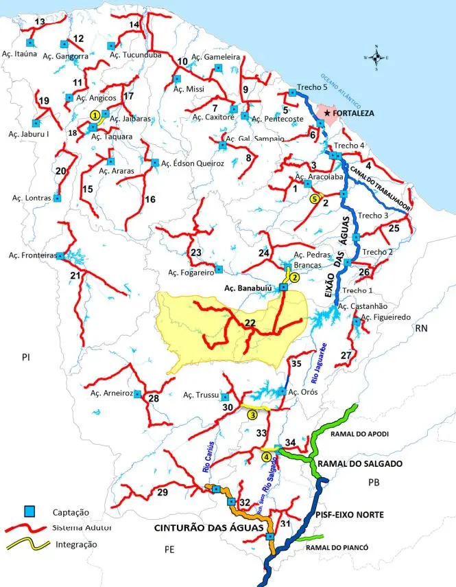 Mapa do projeto Malha D'Água em todas as áreas do Ceará