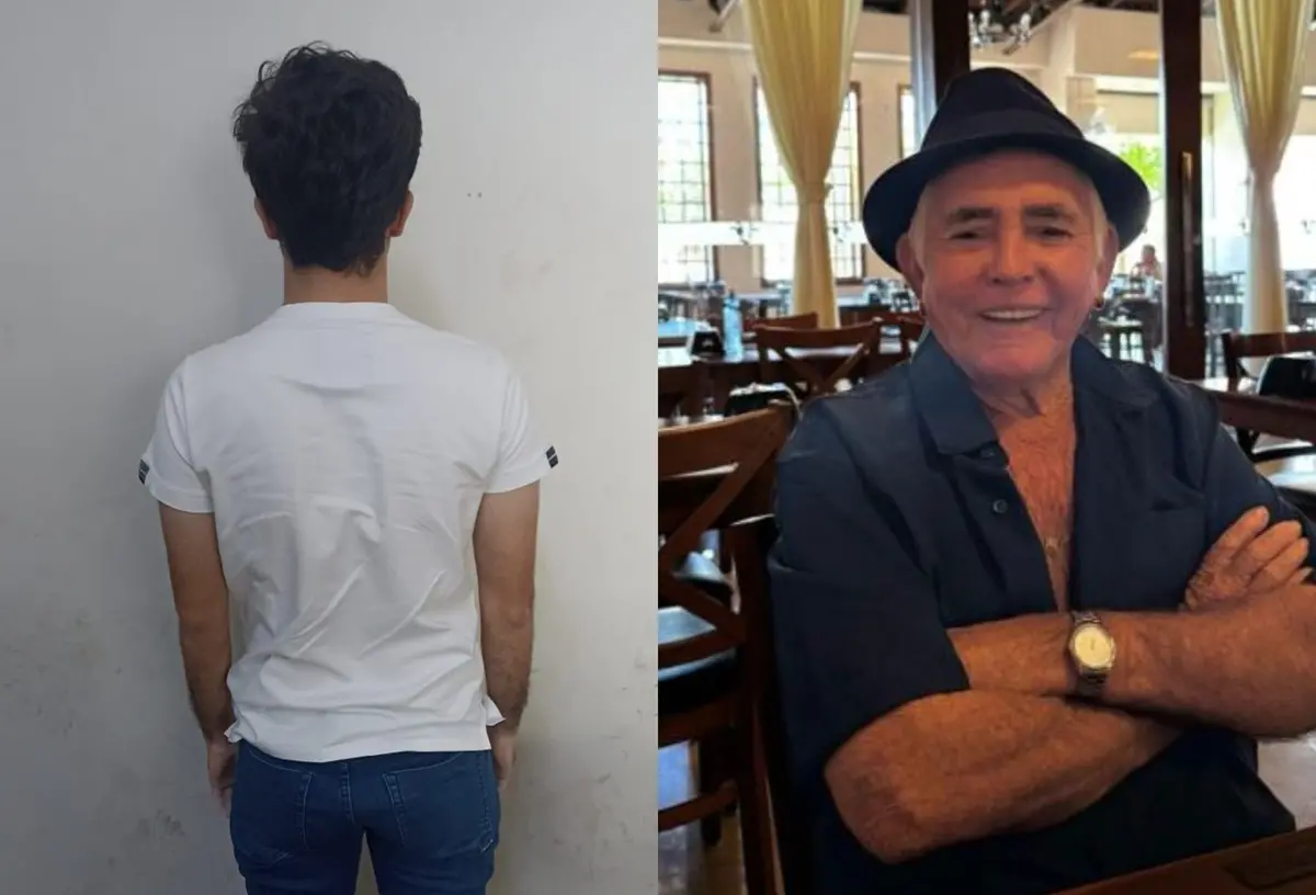 Foto de Marcone Tavares de Luna Filho na audiência de custódia; ao lado, idoso Chico de Matias atropelado por ele