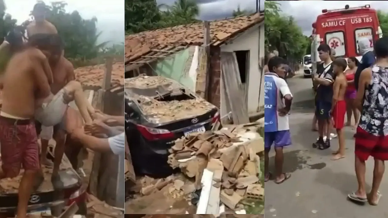 Três cenas compõem a imagem. À esquerda, vários homens, aparentemente moradores locais, resgatam uma pessoa ferida de cima de um carro. No centro, um carro preto está parcialmente destruído sob os escombros de uma casa com parte do telhado desabado. À direita, várias pessoas, incluindo crianças, observam a movimentação ao lado de uma ambulância do SAMU estacionada na rua