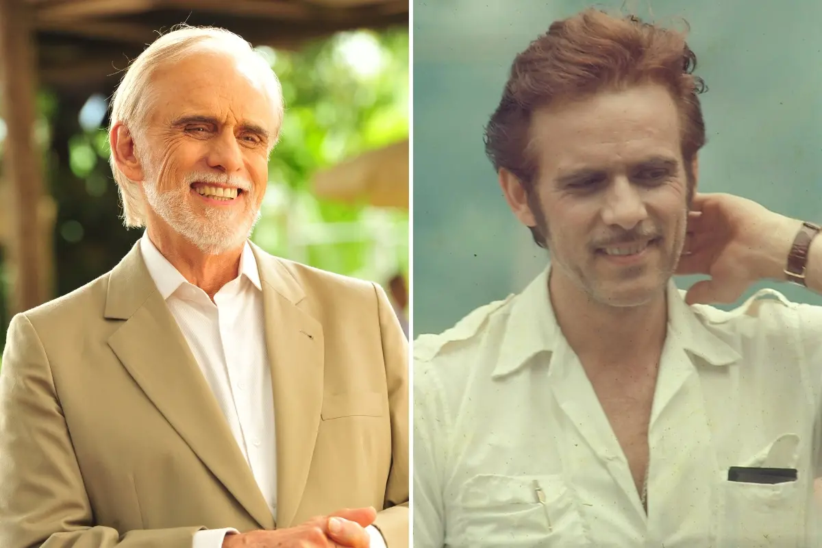 Imagem do ator Francisco Cuoco, uma em que ele está mais velho e outra na novela Pecado Capital