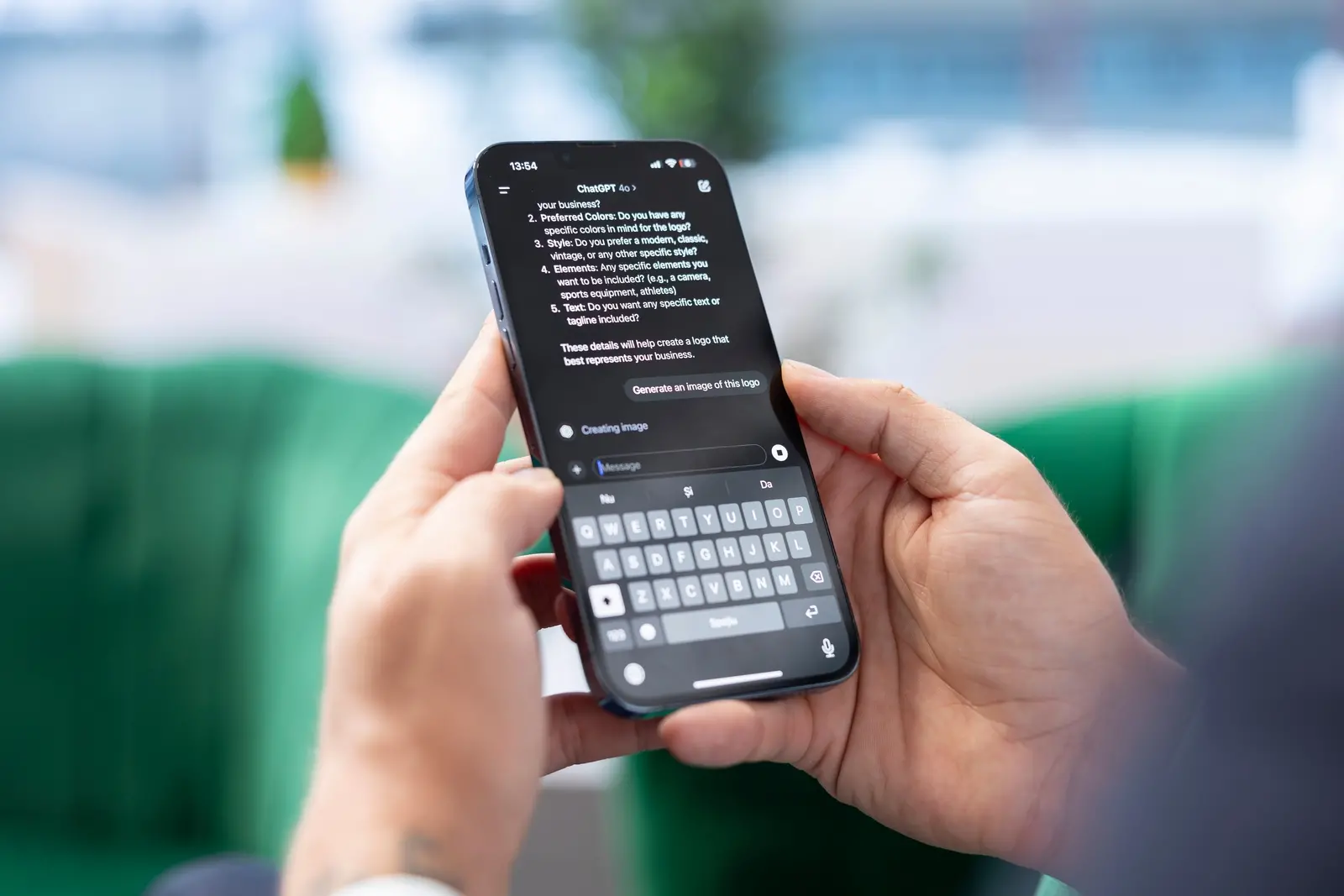 Imagem mostra duas mãos segurando um smartphone. Na tela, de fundo escuro, aparece um texto escrito no aplicativo ChatGPT.
