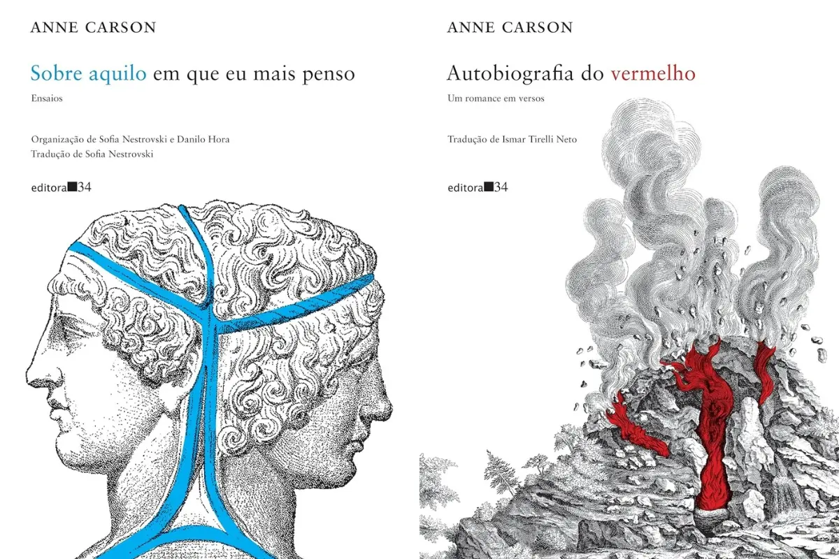 Capas dos livros Autobiografia do Vermelho: Um romance em versos e Sobre aquilo em que eu mais penso