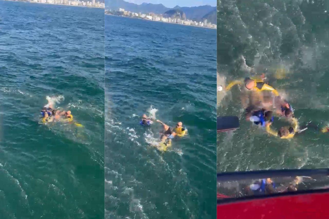 Montagem com pessoas que foram arrastadas por ventania enquanto praticavam stand up paddle, na praia do Leme, no Rio de Janeiro