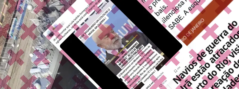 Uma montagem de imagens na qual aparece o presidente Lula e textos de uma postagem enganosa envolvendo ele