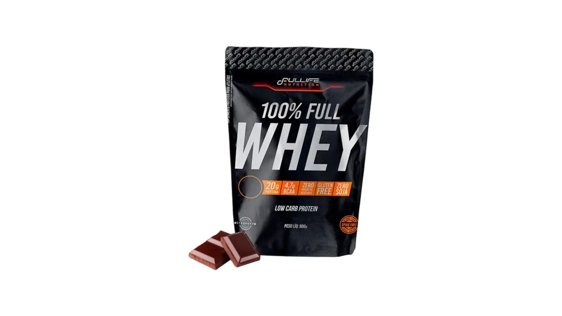 Pacote de proteína de Whey 100% Full Whey, com destaque para baixo teor de carboidratos, sem glúten e sem soja, ideal para quem busca uma alimentação saudável.