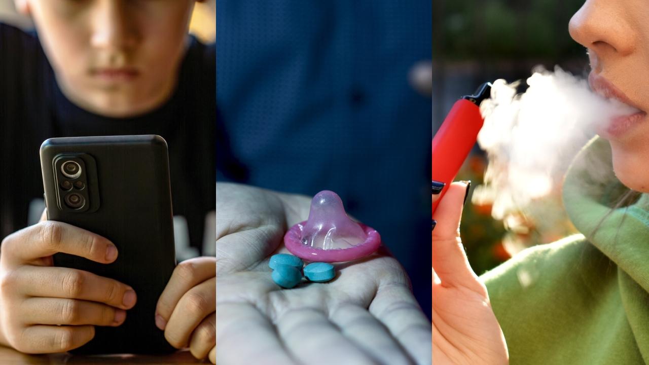 Trio de imagens: a primeira, à esquerda, mostra um adolescente segurando um celular; a segunda, ao centro, mostra uma mão segurando uma camisinha rosa e três pílulas azuis; a terceira, à direita, mostra uma mulher fumando um vape, soltando muita fumaça.