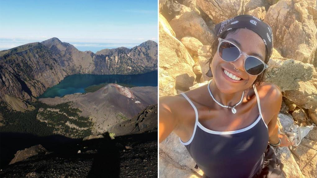 Colagem mostra, à esquerda, imagem da cratera do Monte Rinjani e, à direita, selfie de brasileira Juliana Marins, encontrada morta após cair e deslizar no Monte Rinjani, ilustrando mortes e acidentes registrados no local