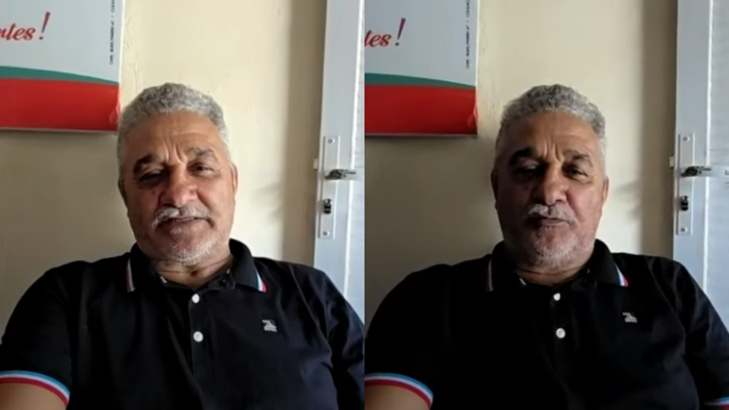 Imagem mostra o vereador Toba em trabalho remoto no plenário da Câmara de Fortaleza, por chamada de vídeo. Ele veste uma camisa preta e tem cabelos grisalhos.