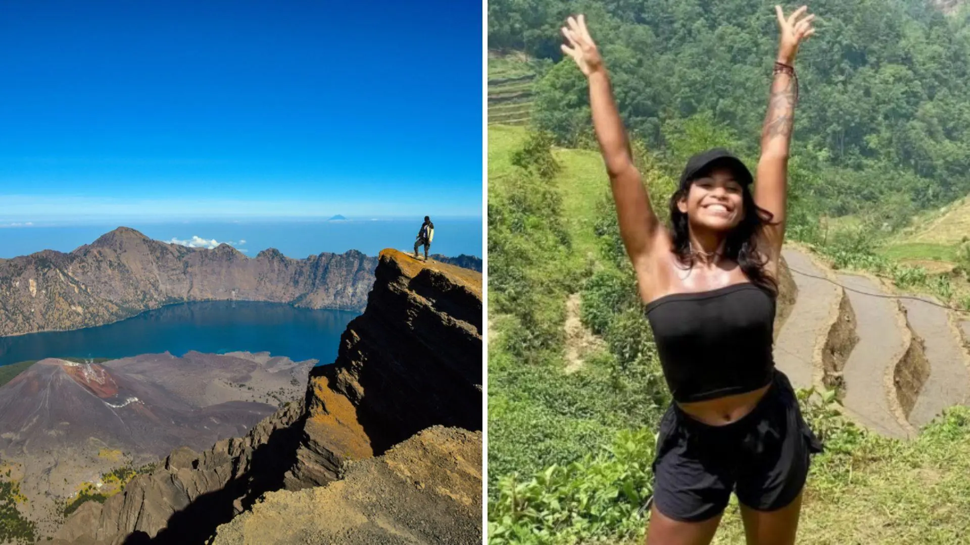 Montagem de fotos do Monte Rinjani, trilha de vulcão onde a Juliana Marins morreu e, agora, família aguarda resgate do corpo da brasileira
