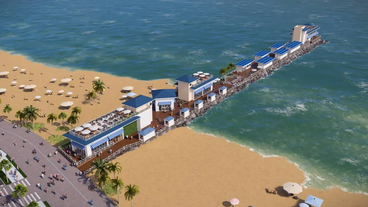 Imagens do projeto, com píer iluminado e restaurantes