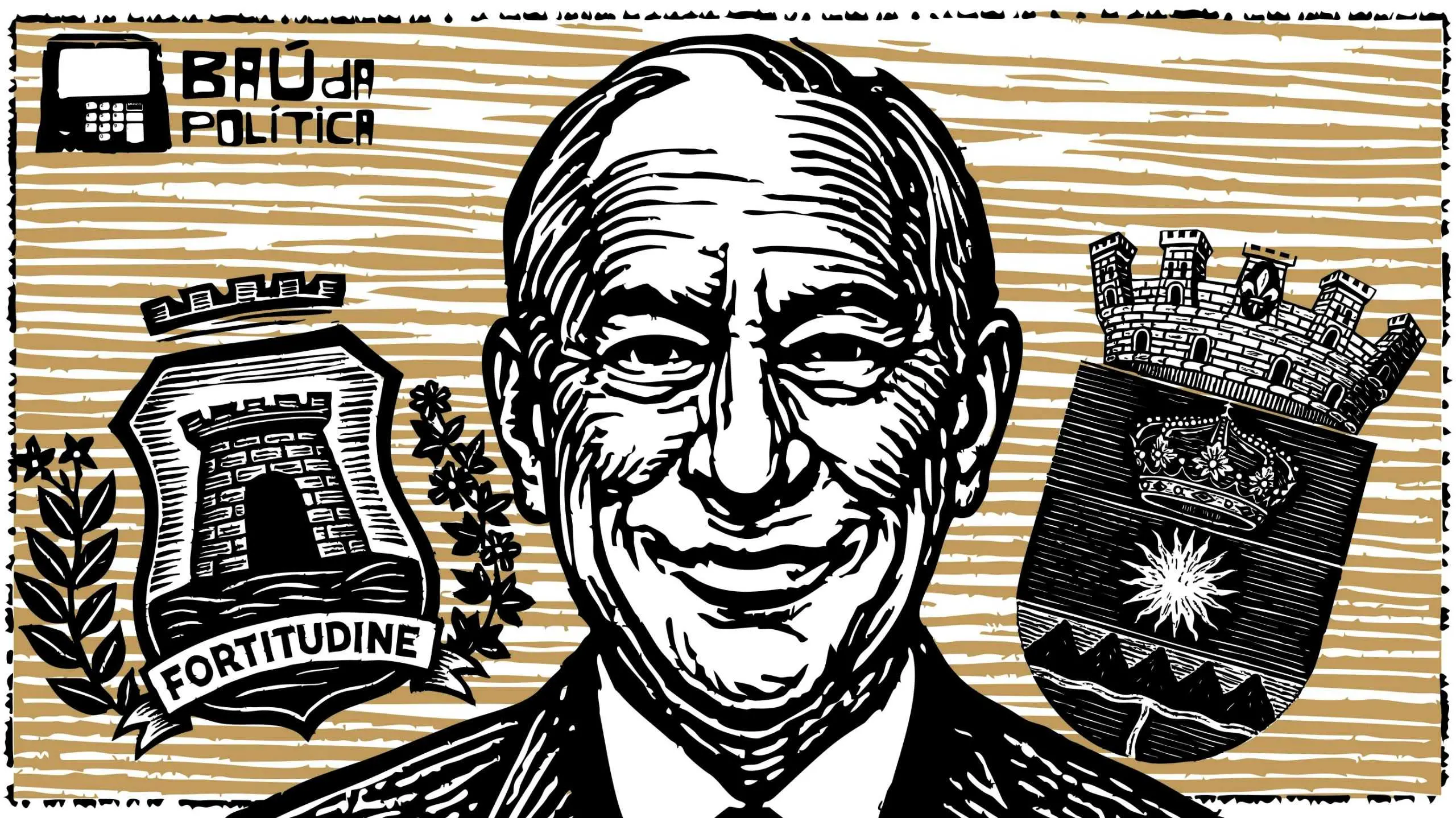 Ciro Gomes ao lado do brasão de Sobral e Fortaleza