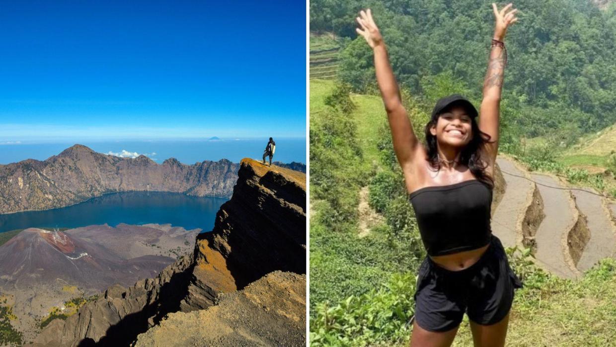 Montagem com a foto do Monte onde Juliana caiu e dela sorrindo. Juliana é uma mulher de pele negra, cabelos negros e veste top e short