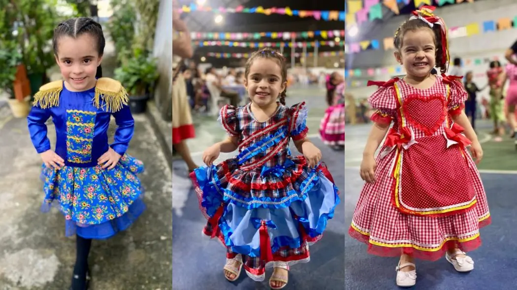 montagem com fotos de beatrice, filha da colunista eliziane correia. ela veste trajes juninos.