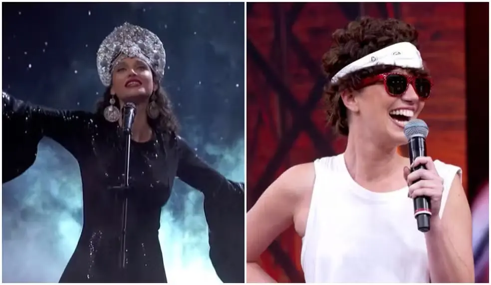 Imagem de duas performances de apresentações musicais, uma com uma cantora vestida com roupa preta brilhante e chapéu prateado, e outra com uma mulher com óculos escuros, faixa na cabeça e camiseta branca, ambas cantando em palco.