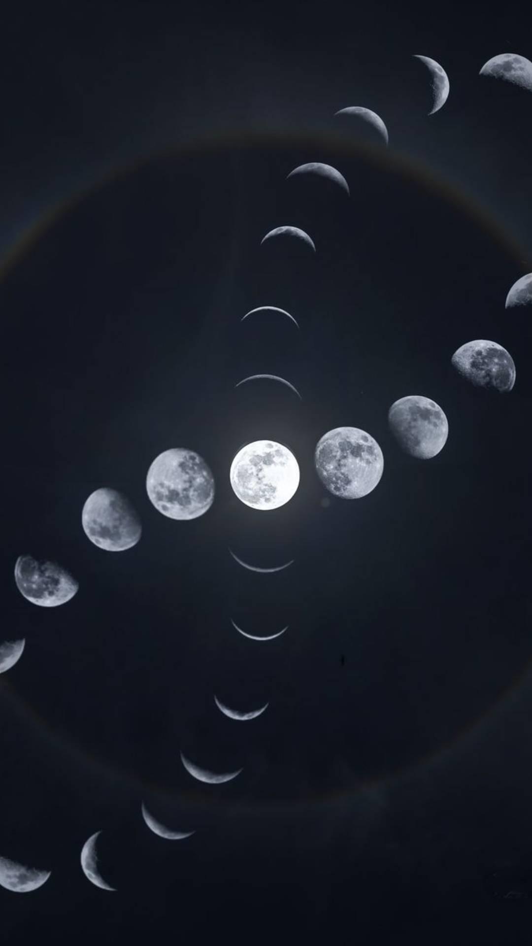 Imagem mostra sequência de fases da lua cheia, mostrando o ciclo lunar completo com diferentes fases em um fundo escuro, simbolizando astronomia e fenômenos celestiais e ilustrando calendário lunar das fases da lua de julho de 2025.