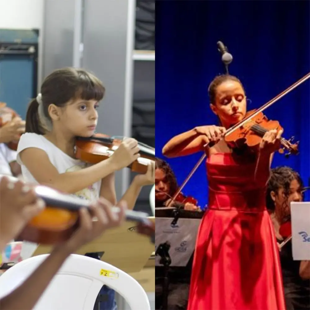 Na imagem, o antes e depois da violinista Thais Amâncio, estudante e professora do Instituto Musical Jacques Klein
