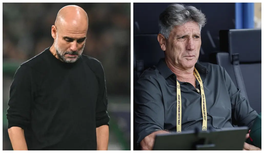 Foto de Pep Guardiola, treinador do Manchester City, e Renato Gaúcho, treinador do Fluminense
