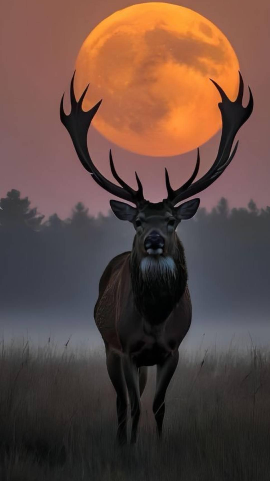 Imagem de um cervo com chifres grandes na frente de uma Lua cheia laranja, em um cenário de floresta ao entardecer com céu com tonalidades quentes, ilustrando lua do cervo do calendário astronômico de julho de 2025