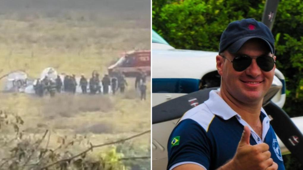 Montagem de fotos mostra avião caído à esquerda e instrutor à direita uma das vítimas da queda de avião