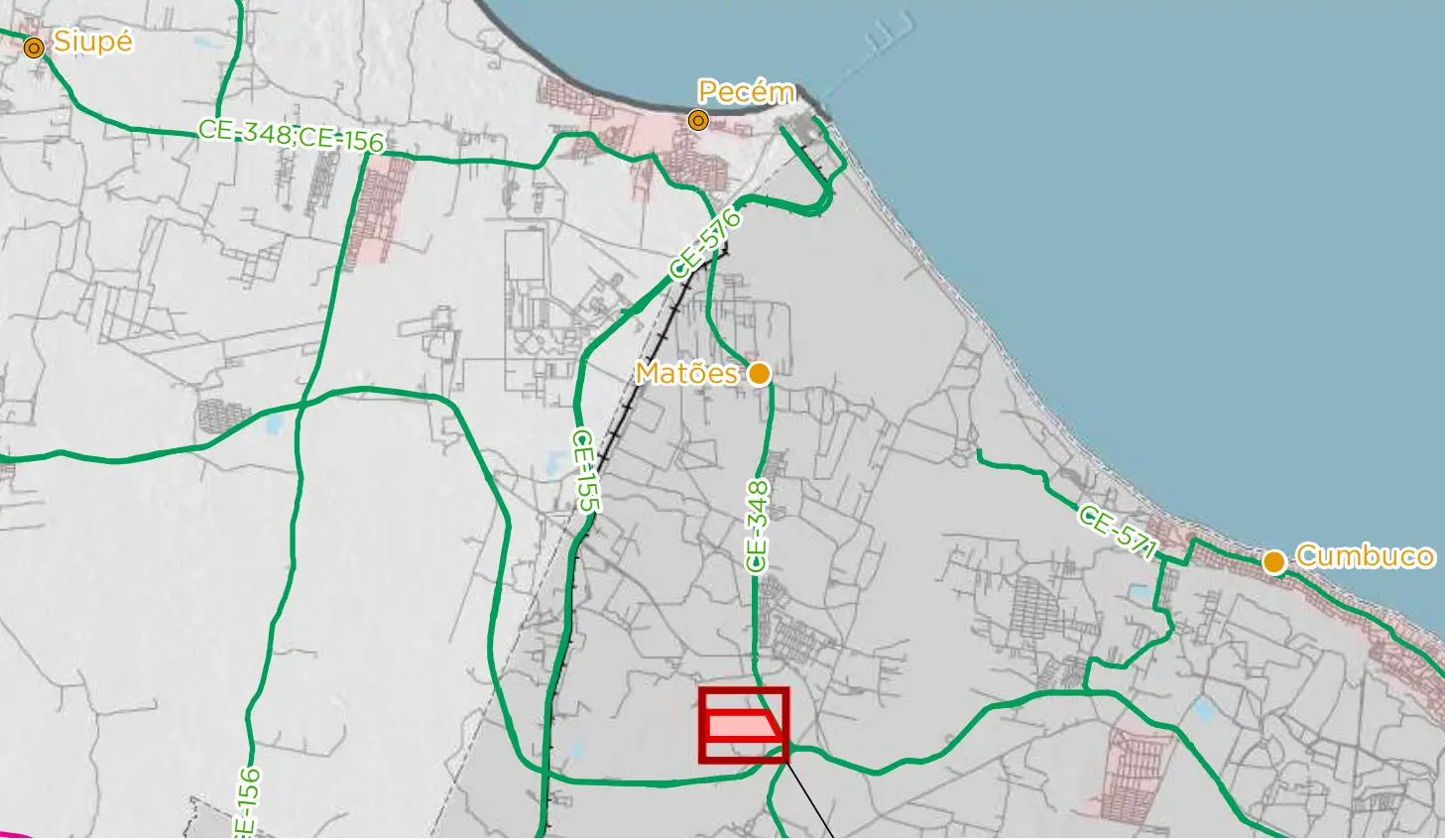 Mapa ilustrativo do local onde ficará o Data Center, identificado por um quadrado vermelho, no distrito de Catuana, em Caucaia