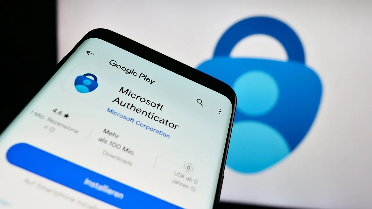 Imagem de um smartphone mostrando o aplicativo Microsoft Authenticator na loja Google Play, com o ícone do aplicativo ao fundo, ilustrando mudanças anunciadas no aplicativo de senhas