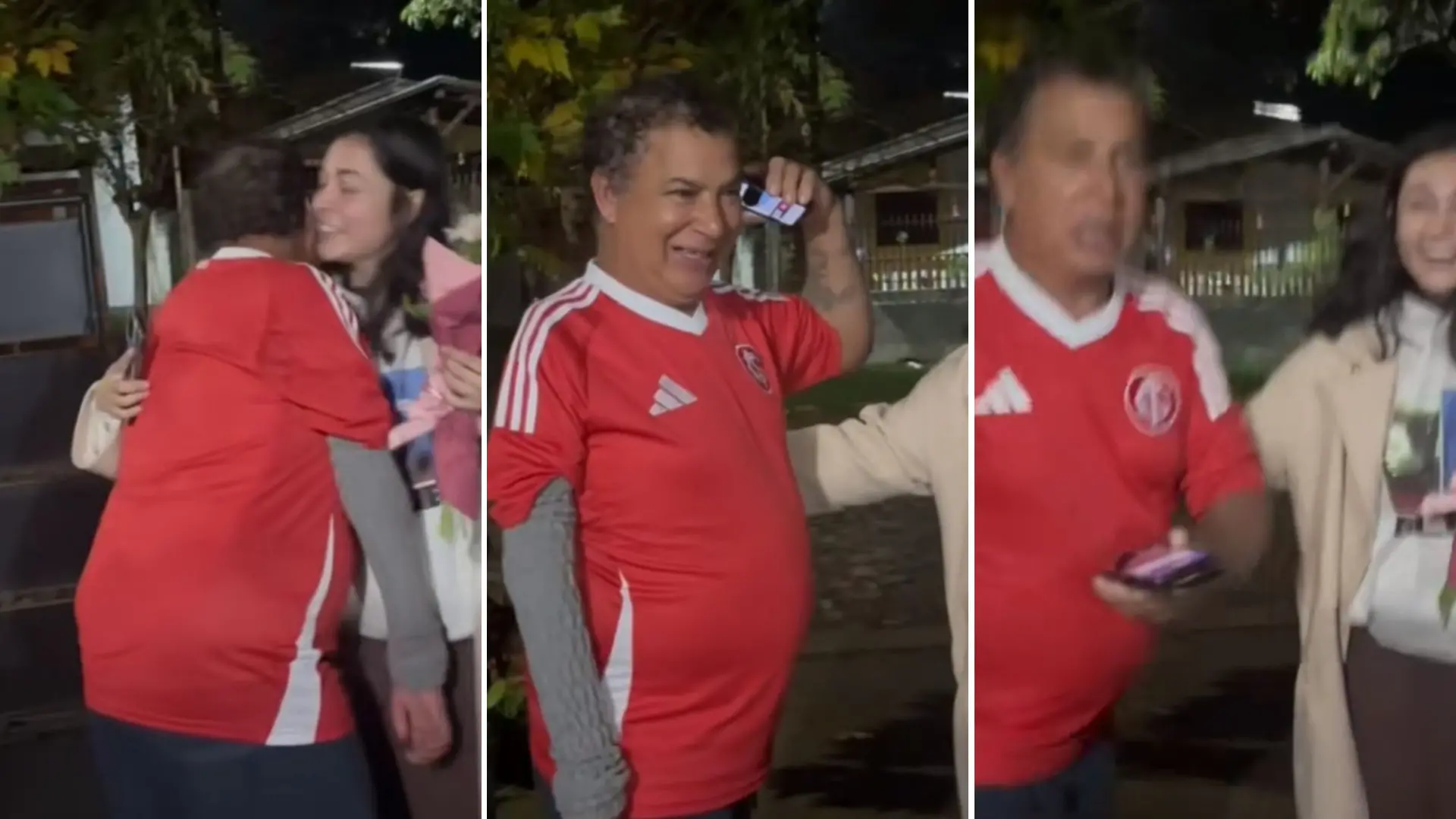 Montagem de três fotos mostra reação do pai à chegada surpresa da filha