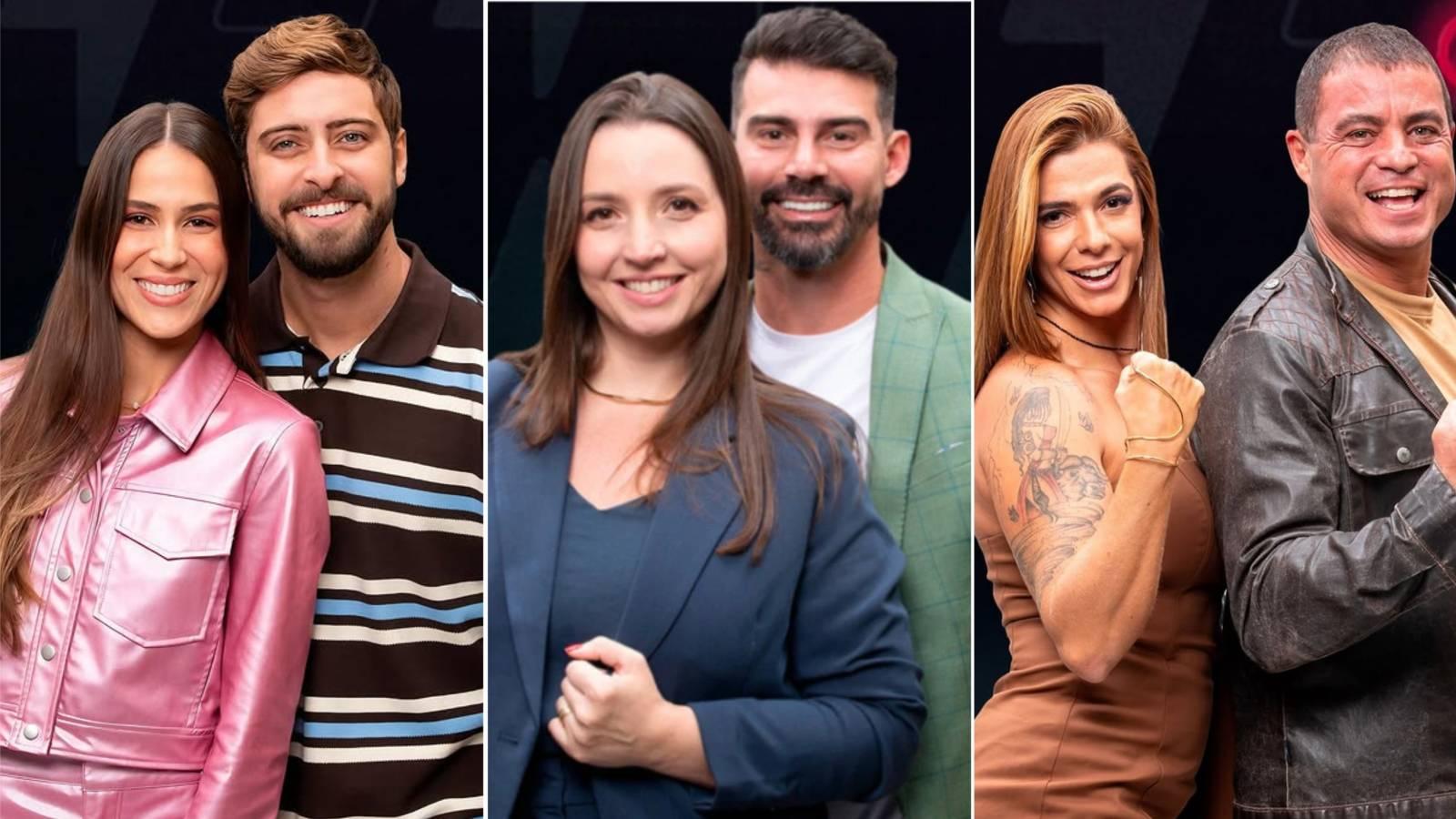 Colagem com imagens dos casais Nat e Eike, Carol e Radamés e Adriana e Dhomini, participantes do reality show power couple que estão na décima DR do programa