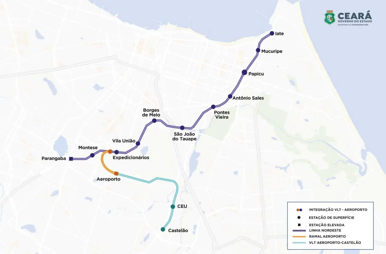 Imagem mostra mapa com escopo do ramal Aeroporto-Castelão