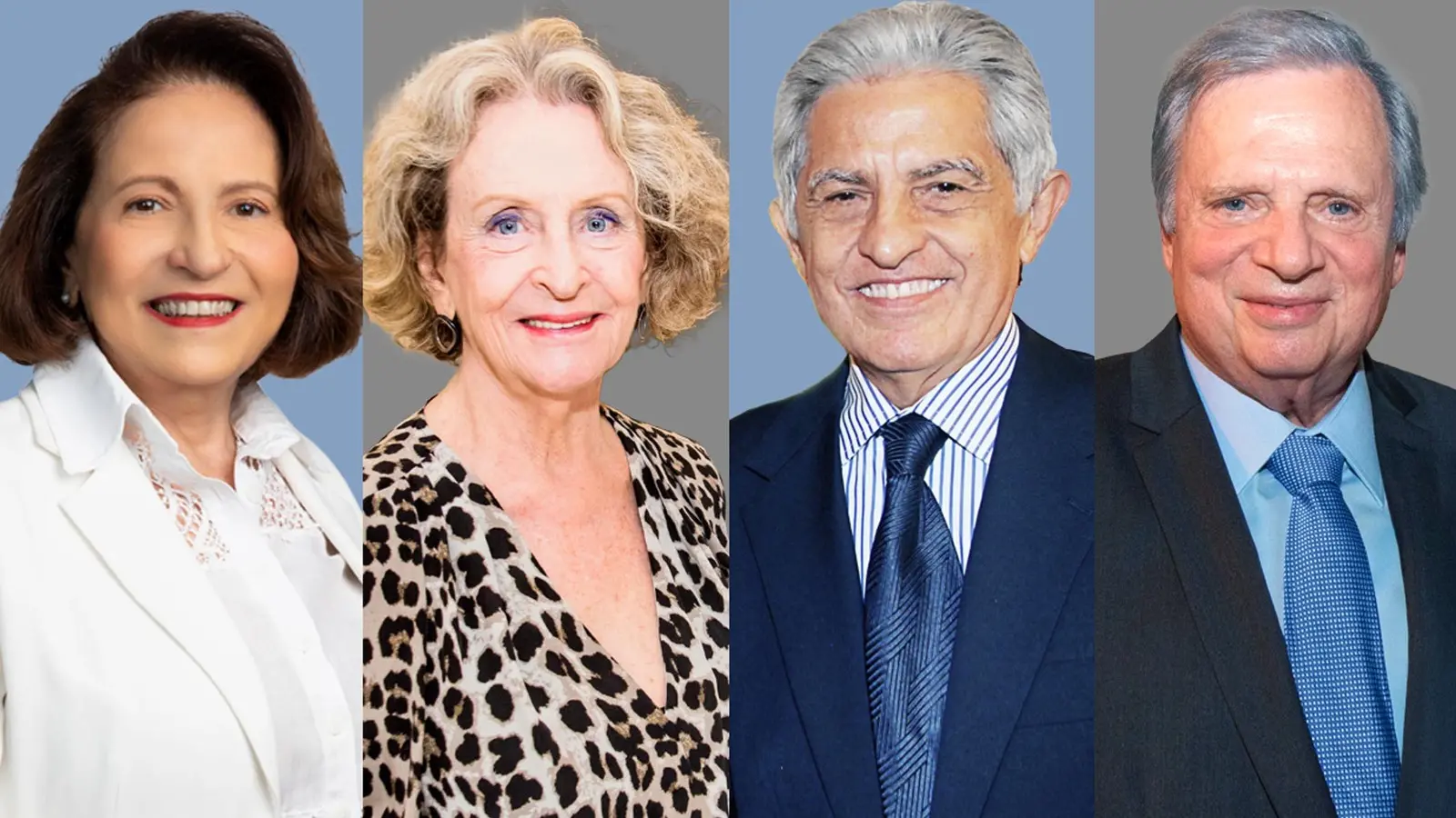 Imagem com quatro retratos das personalidades homenageadas no sereia de Ouro 2025: Adriana Costa e Forti, médica e pesquisadora; Guiomar Marinho, artista; Oto de Sá Cavalcante, empresário; e Tasso Jereissati, empresário e político