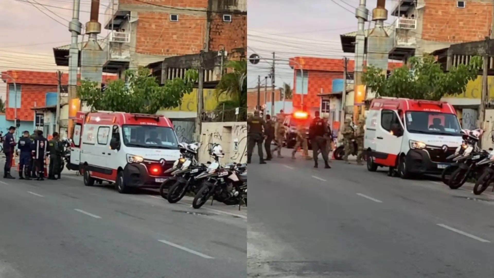 Ambulância e militares detendo homem em possível surto psicótico