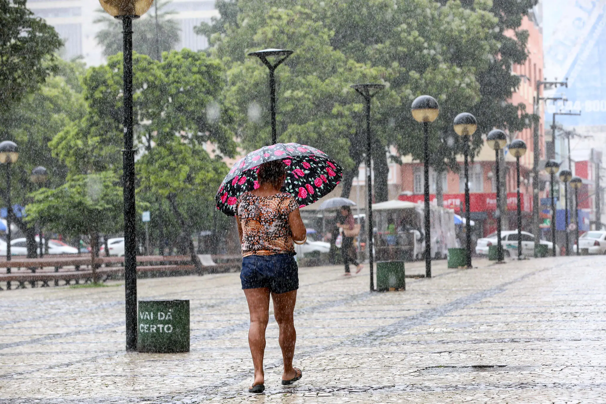 Mulher com guarda-chuvas na Praça do Ferreira, em Fortaleza