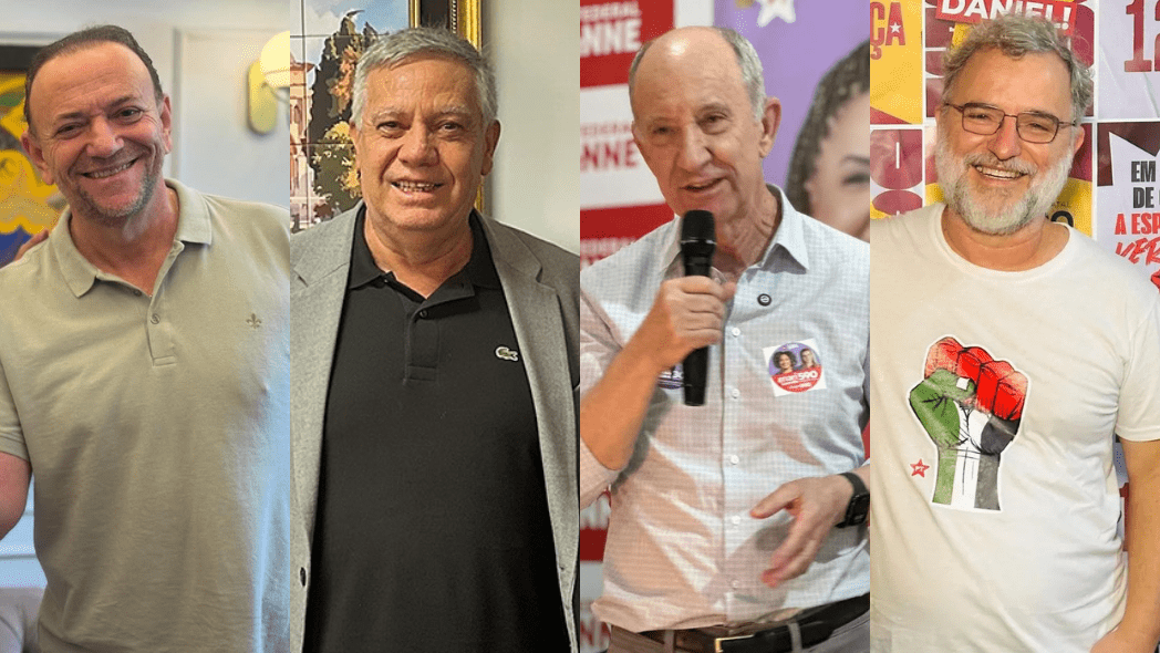 Imagem mostra quatro homens, candidatos à presidência nacional do Partido dos Trabalhadores (PT), alinhados lado a lado. Da esquerda para a direita: Edinho veste camisa polo cinza claro e sorri; Romênio usa blazer cinza e camisa polo preta; Rui segura um microfone, veste camisa social clara e exibe um adesivo de campanha; Valter sorri, usa óculos e camiseta branca com estampa de punho erguido nas cores da bandeira palestina sobre uma estrela vermelha. Ao fundo, aparecem paredes decoradas com cartazes políticos e elementos diversos.