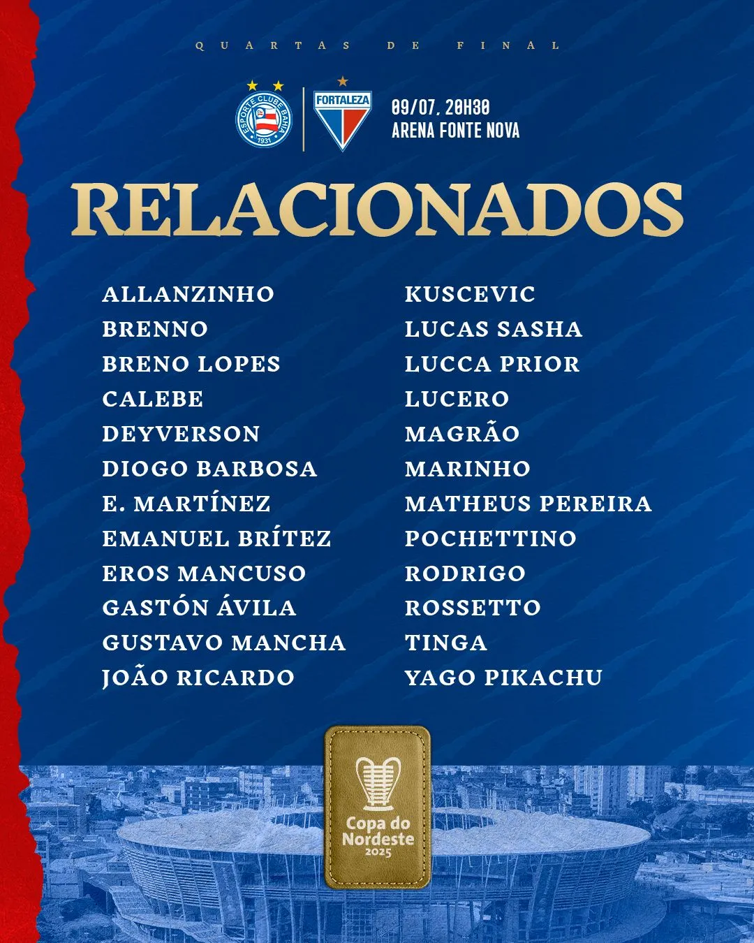 Vojvoda relaciona 24 atletas para o confronto contra o Bahia.