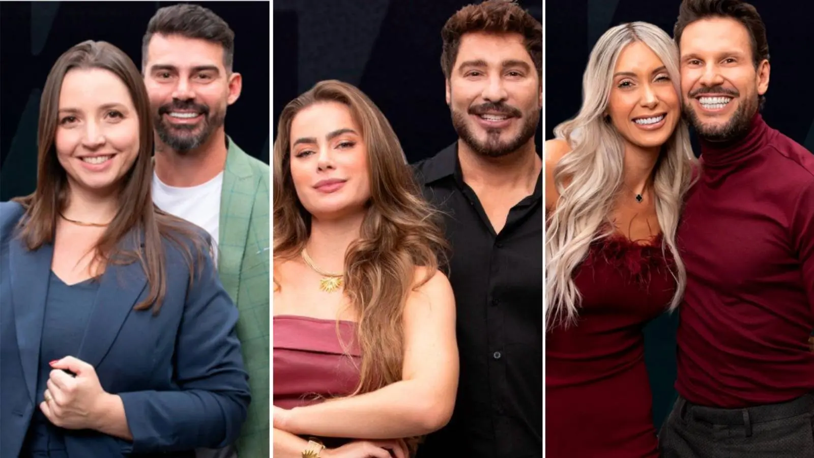 Colagem mostra imagens dos casais Carol e Radamés, Ray e Victor e Tali e Rafa, participantes do Power Couple Brasil que disputam a última DR da temporada, ilustrando enquete para saber quem deve ficar