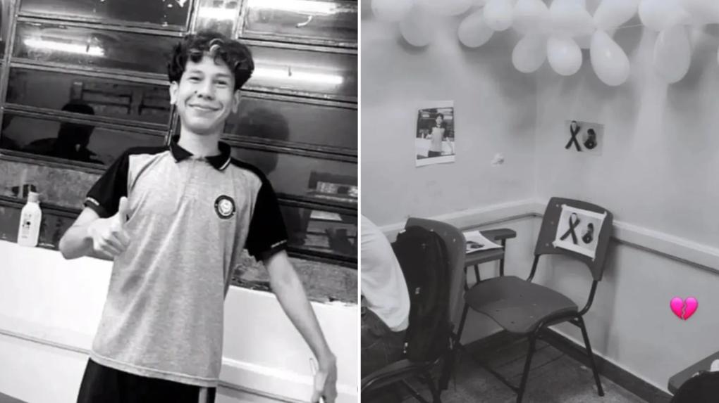 Montagem de fotos mostra estudante que morreu à esquerda e, à direita, a carteira que ele costumava sentar na escola, vazia