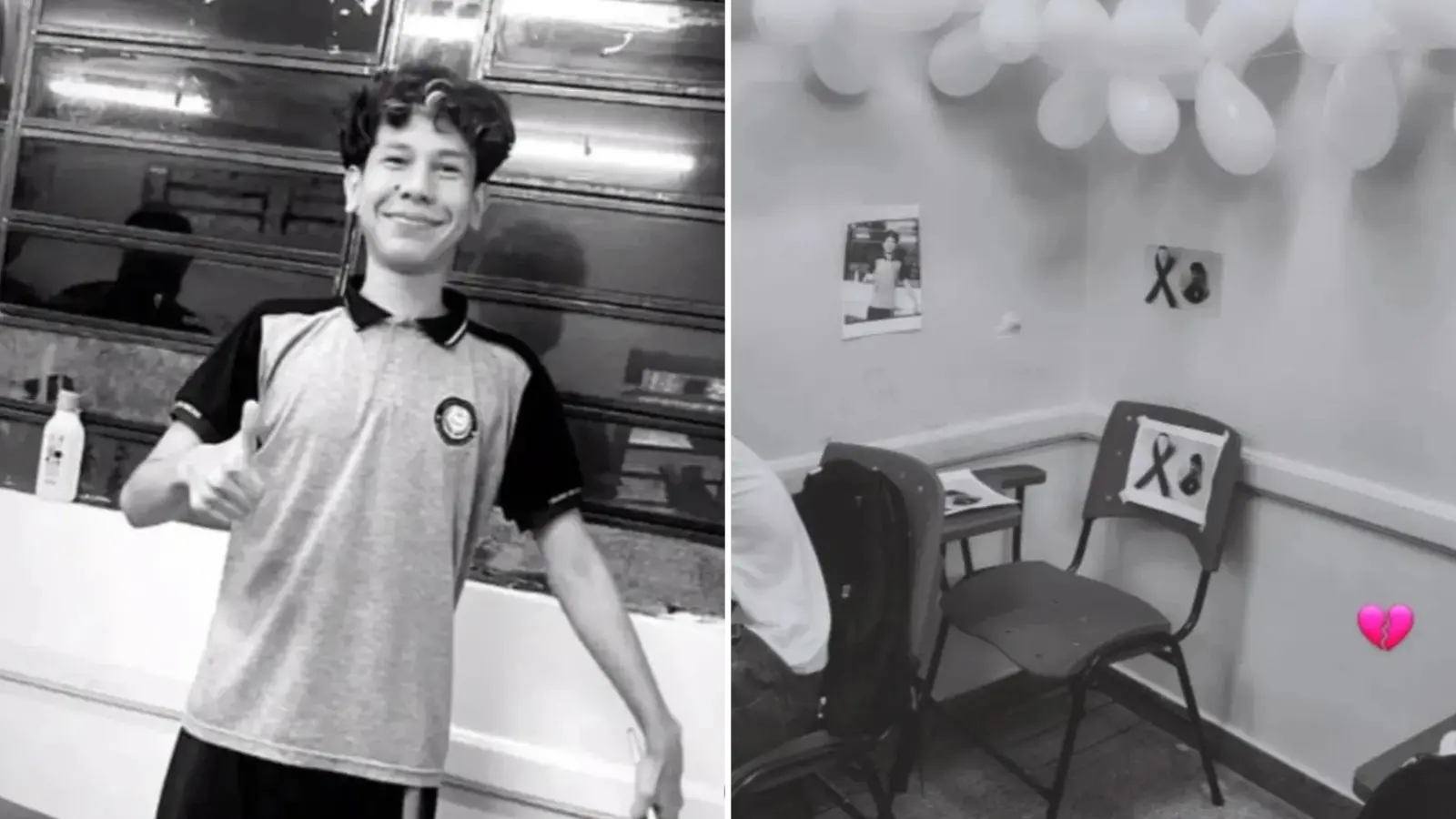 Montagem de fotos mostra estudante que morreu à esquerda e, à direita, a carteira que ele costumava sentar na escola, vazia