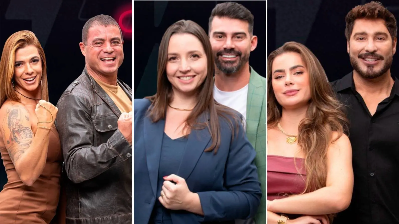 Colagem com Carol e Radamés, Ray e Victor e Tali e Rafa, participantes do Power Couple que disputam final, ilustrando enquete sobre quem deve vencer