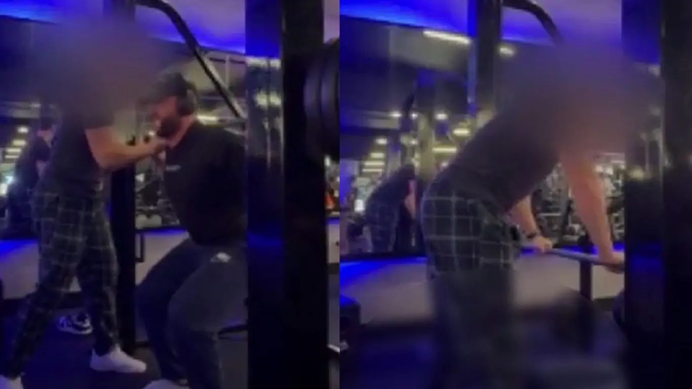 Duas fotos que mostram o momento em que Luis Pasetti, de 23 anos, sofreu um grave acidente enquanto se exercitava em uma academia