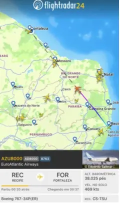 Imagem mapa Flight Radar Voo Azul Recife/Fortaleza