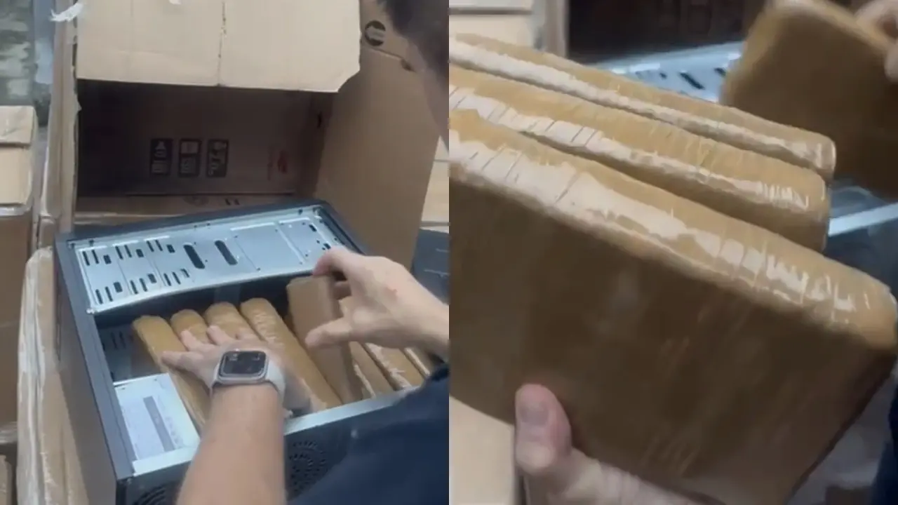 Policial retirando droga escondida de dentro de gabinetes de computadores